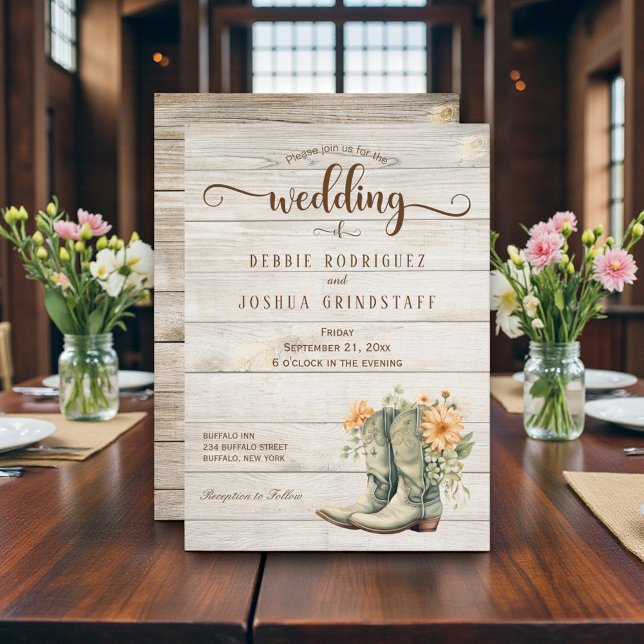 Rustic Cowboy Boots on Wood Wedding Invitation Einladung (Von Creator hochgeladen)