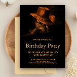 Rustic Cowboy Hat and Boots Geburtstagsparty Einladung<br><div class="desc">Erleben Sie Ihren Western mit diesem Geburtstagsthema mit einem schönen Cowboyhut und Stiefeln mit moderner Typografie vor schwarzem Hintergrund. Fügen Sie einfach Ihre Veranstaltungsdetails zu dieser einfach zu bedienenden Vorlage hinzu,  um sie zu einer einmaligen Einladung zu machen.</div>