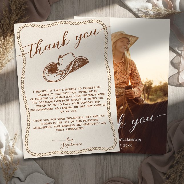  Rustic Cowboy Hat Photo Graduation Party Script Dankeskarte (Von Creator hochgeladen)