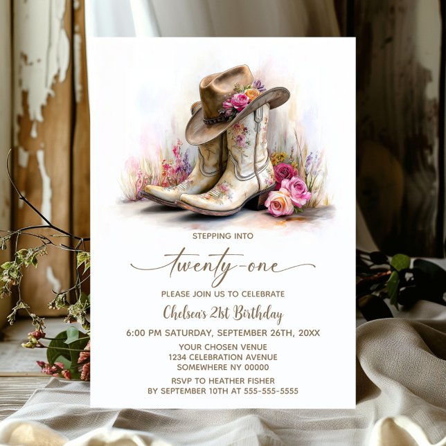 Rustic Cowgirl Boots and Hat 21st Birthday Party Einladung (Von Creator hochgeladen)
