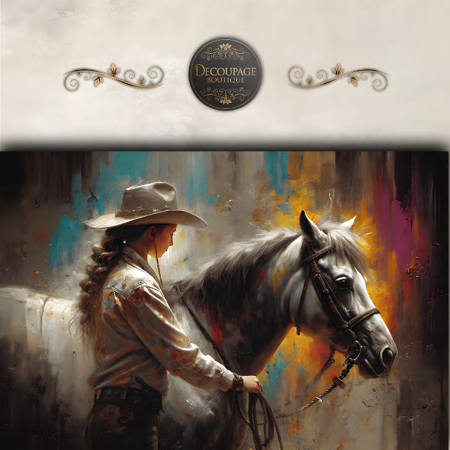 Rustic Cowgirl with White Horse Decoupage Seidenpapier (Rustic Cowgirl With White Horse Decoupage Tissue Paper)