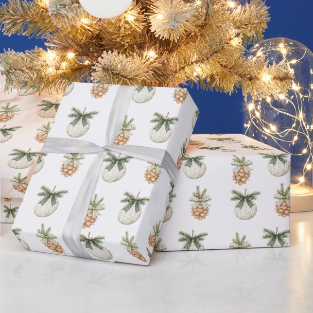 Rustic Cream Ornament Pine Cone Green Christmas Geschenkpapier (Feiertage)