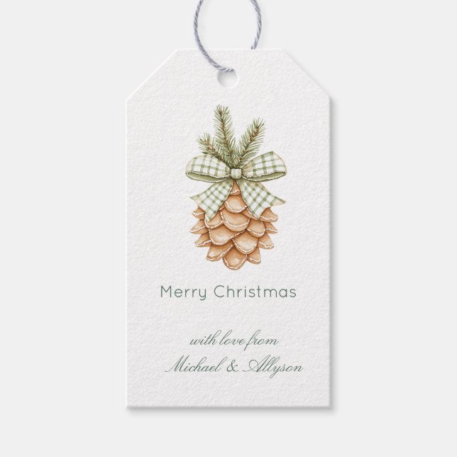Rustic Cream Pine Cone Green Bow Christmas Geschenkanhänger (Vorderseite)