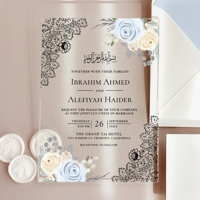 Rustic Cream Soft Blue Floral Lace Muslim Wedding Acryleinladungen (Von Creator hochgeladen)