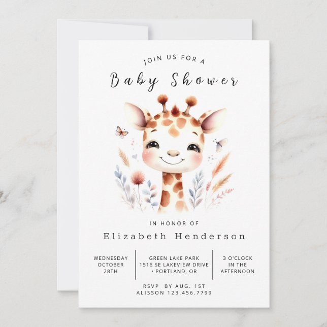 Rustic Custom Giraffe Baby Dusche Einladung (Vorderseite)
