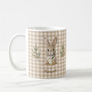 Rustic Cute Rabbit Brown Gingham Personalized Kaffeetasse