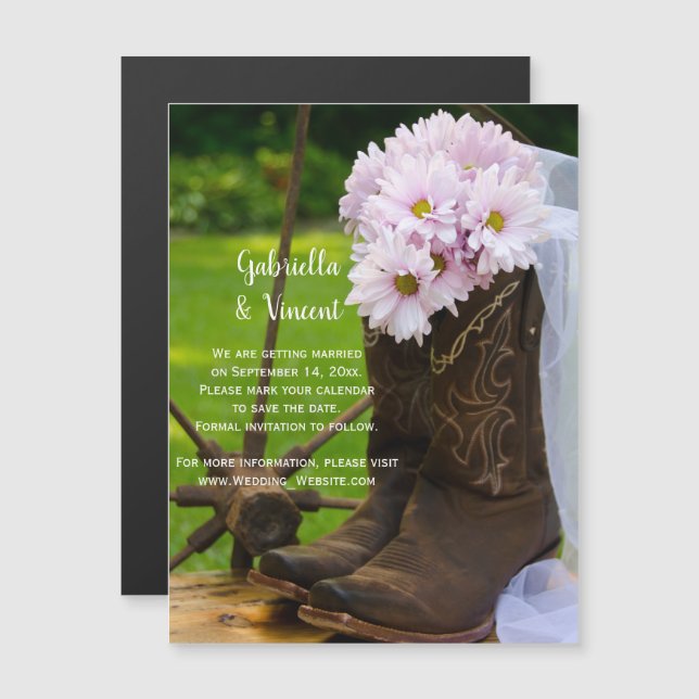 Rustic Daisies Cowboy Boots Wedding Rettet das Dat Magneteinladung (Vorne/Hinten)