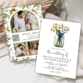 Rustic Daisies Floral Mason Jar QR Code Wedding Einladung