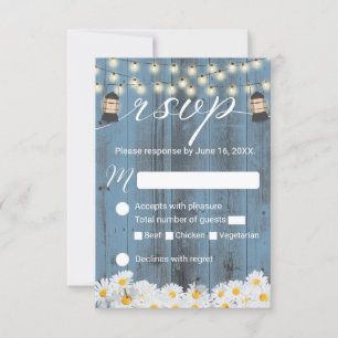 Rustic Daisies & Lantern Dusty Blue Wedding RSVP Karte