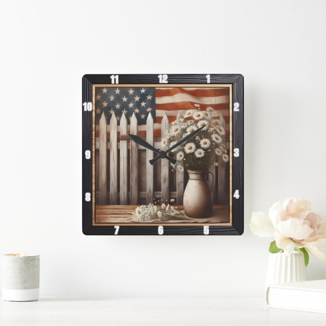 Rustic Daisy American Flag Farmhouse Quadratische Wanduhr (Zuhause)