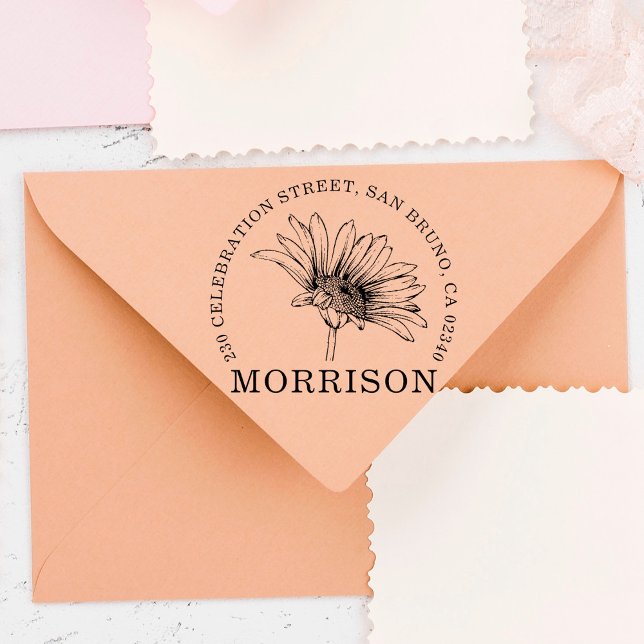 Rustic Daisy Blume Name & Round Rücksendeadresse Gummistempel (Von Creator hochgeladen)