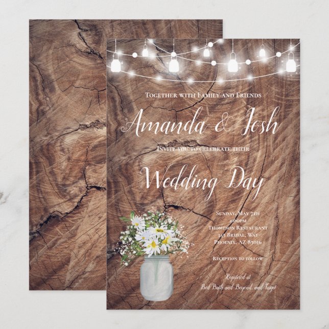 Rustic Daisy Floral Mason Jar Country Wedding Einladung (Vorne/Hinten)