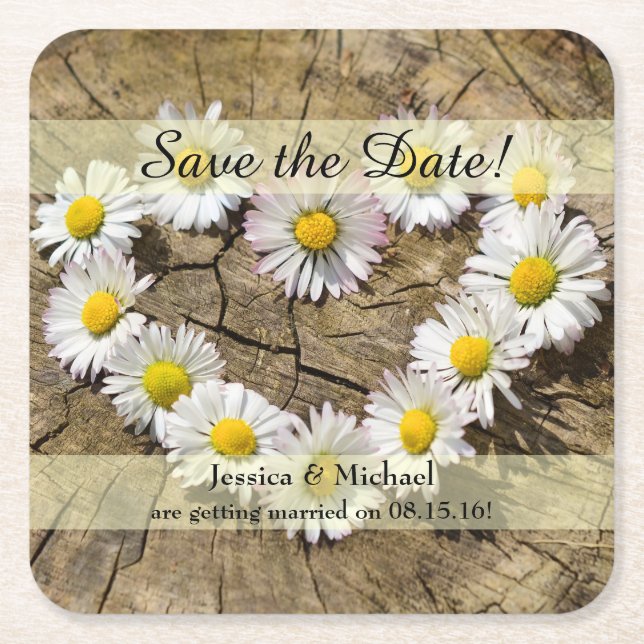 Rustic Daisy Heart Save the Date Rechteckiger Pappuntersetzer (Vorderseite)