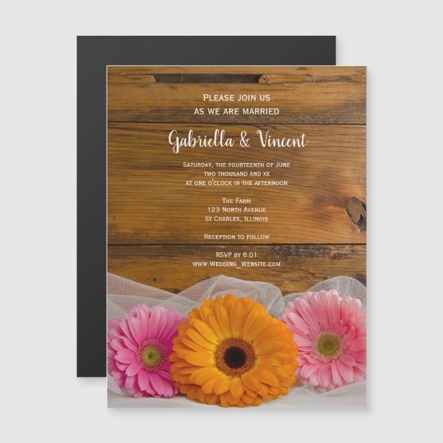 Rustic Daisy Trio Country Barn Wedding Magneteinladung (Vorne/Hinten)