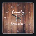Rustic dark barn wood monogram name quadratische wanduhr<br><div class="desc">Rustic dark barn wood monogram name clock.
You can easily change the text and name to personalize it.</div>