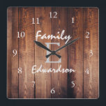 Rustic dark barn wood monogram name quadratische wanduhr<br><div class="desc">Rustic dark barn wood monogram name clock.
You can easily change the text and name to personalize it.</div>