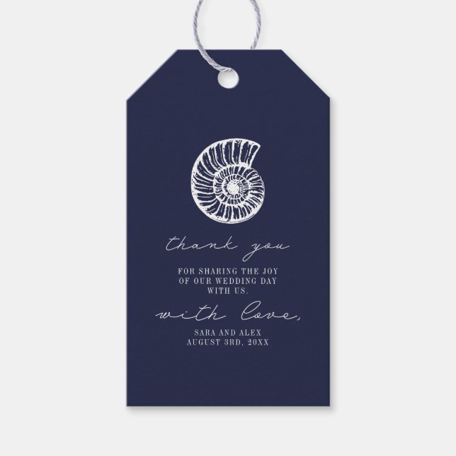 Rustic Dark Blue Beach Muschel Hochzeit Vielen Dan Geschenkanhänger (Vorderseite)