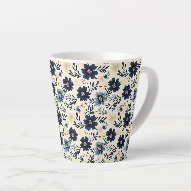 Rustic Dark Blue Beige Flower Folk Art Print Milchtasse (Rechte Ecke)