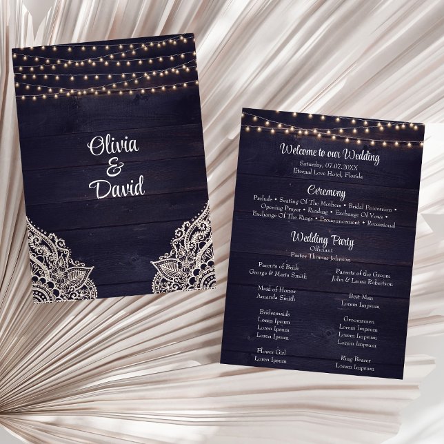 Rustic Dark Blue Wood String Light Wedding Program Programm (Rustic Dark Blue Wood String Light Wedding Program on a sunny white dry palm leaf.)