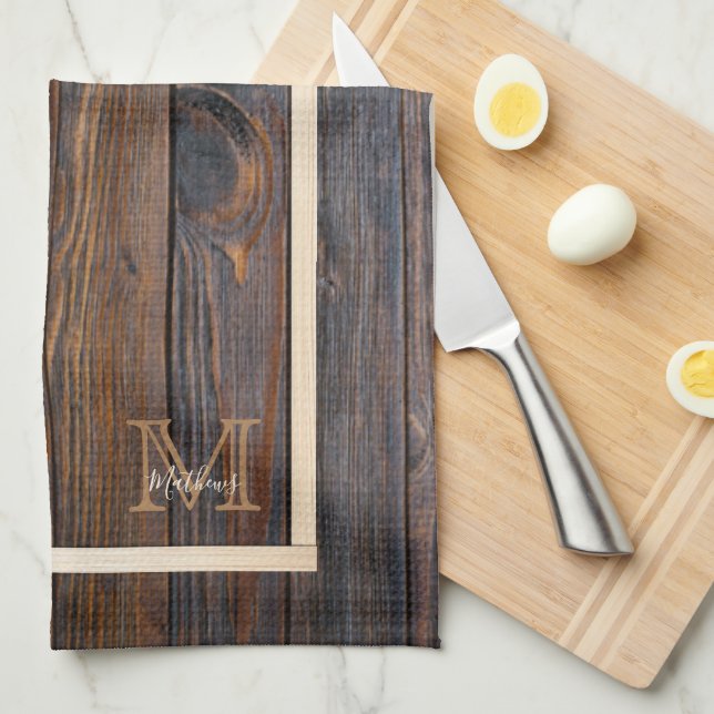 Rustic Dark Brown Wood Monogram Kitchen Handtücher (Viertel Falte)