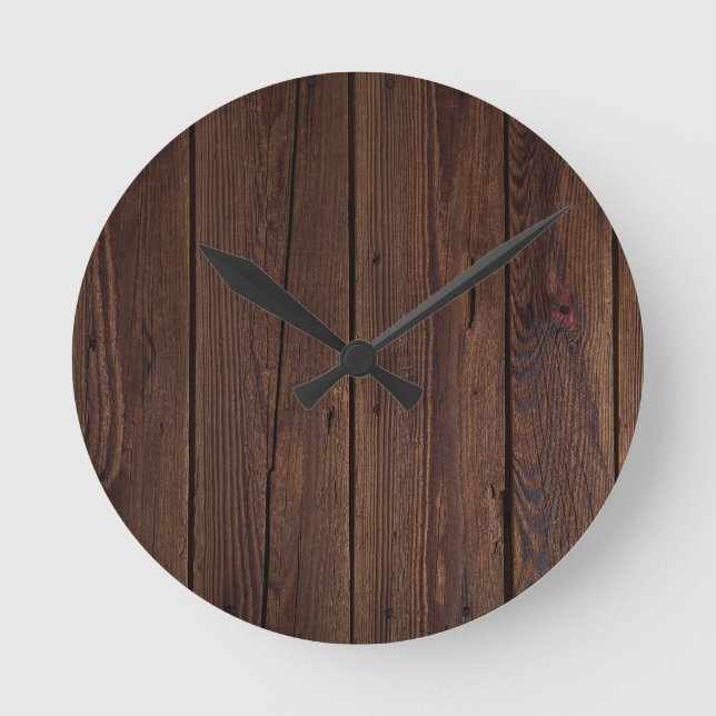 Rustic Dark Brown Wood Wooden Fence Country Style Runde Wanduhr (Vorderseite)