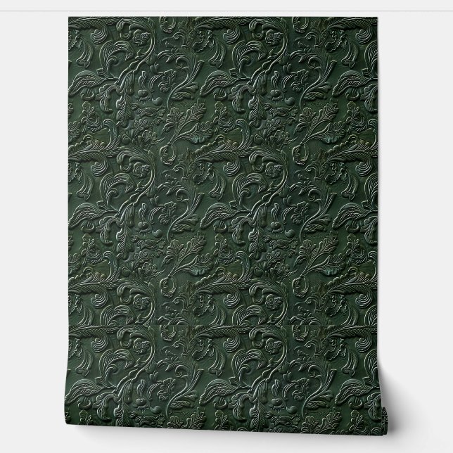 Rustic dark green tooled leather tapete (Abrollen)