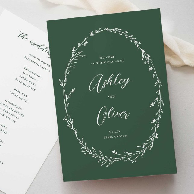 Rustic Dark Green Wildflower Wreath Wedding Programm (Von Creator hochgeladen)