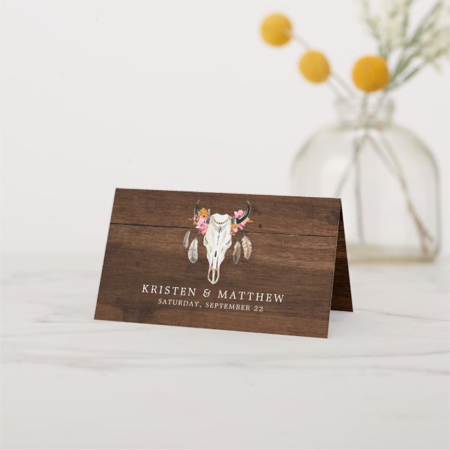 Rustic Dark Wood Boho Antler Wedding Platzkarte (Rückseite)