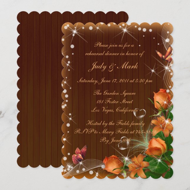 Rustic Dark Wood Floral Hochzeit Probe Dinner Einladung (Vorne/Hinten)