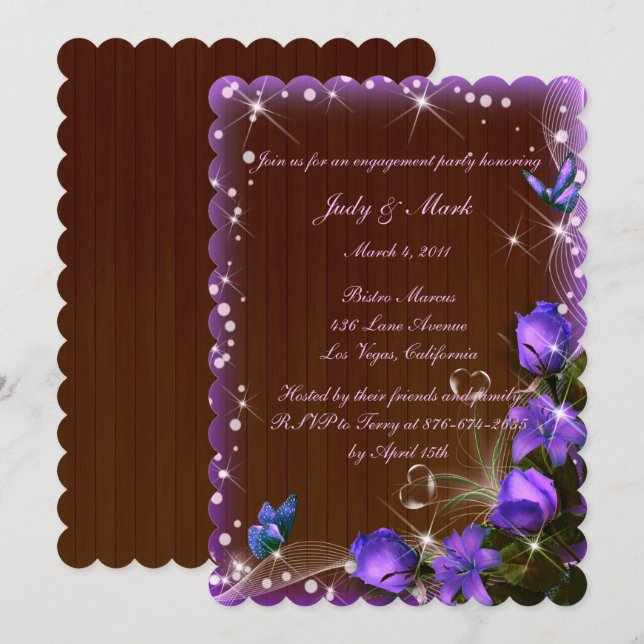 Rustic Dark Wood Lila Floral Engagement Party Einladung (Vorne/Hinten)
