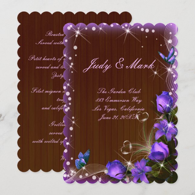 Rustic Dark Wood Lila Floral Wedding Card Einladung (Vorne/Hinten)