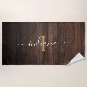 Rustic Dark Wood Monogram Script Name Initial Strandtuch