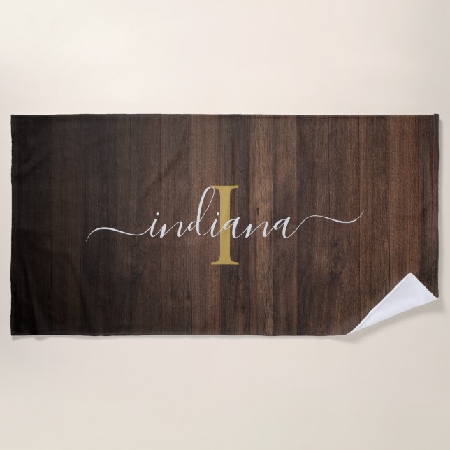 Rustic Dark Wood Monogram Script Name Initial Strandtuch (Vorderseite)