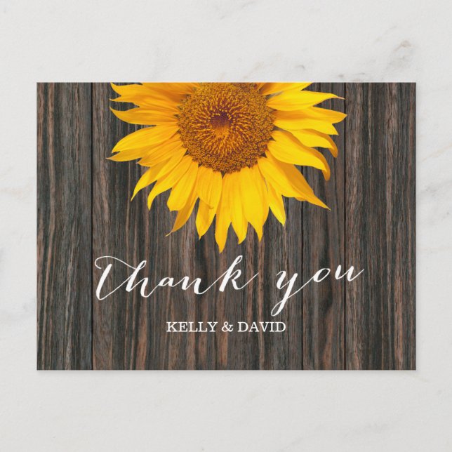 Rustic Dark Wood & Sunflower Wedding Vielen Dank Postkarte (Vorderseite)