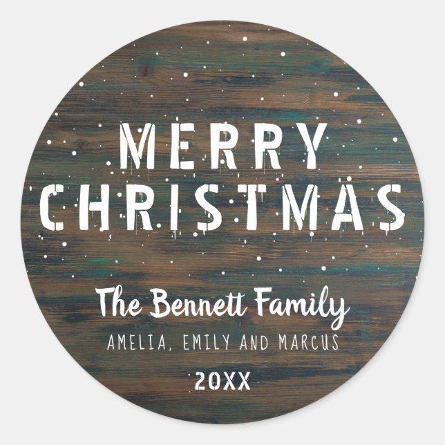 Rustic Dark Wood Typografie Frohe Weihnachten Runder Aufkleber (Vorderseite)
