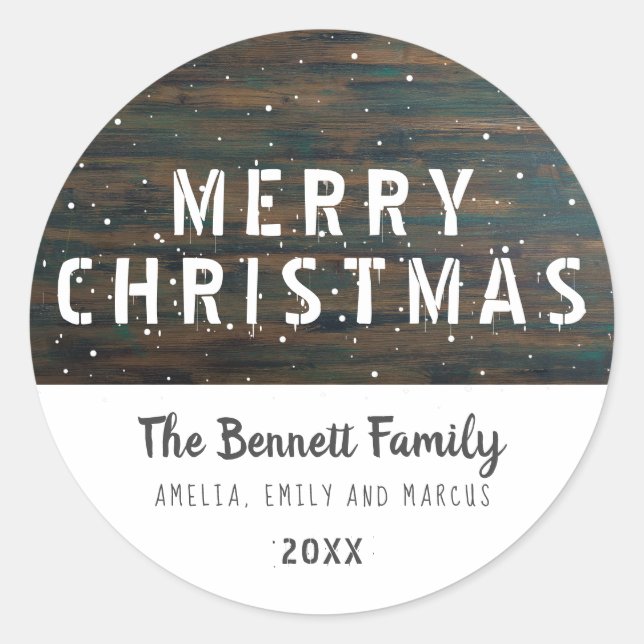 Rustic Dark Wood Typografie Frohe Weihnachten Runder Aufkleber (Vorderseite)
