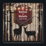 Rustic Deer and Aspen Trees Wedding or Anniversary Quadratische Wanduhr<br><div class="desc">This rustic wedding or anniversary wall clock features a silhouette deer couple with a strand of aspen trees as the background. The aspens are decorated with an ornate red and gold plaque, wedding text and string lights. It can be personalized with names, a date or any text that you wish...</div>