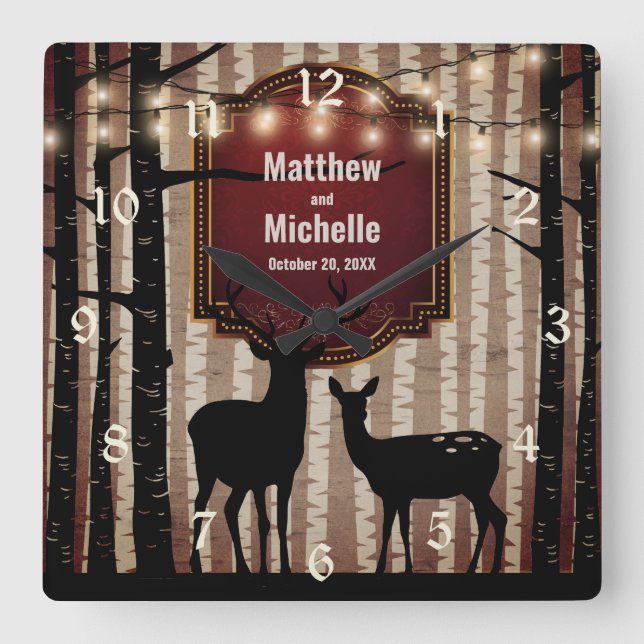 Rustic Deer and Aspen Trees Wedding or Anniversary Quadratische Wanduhr (Vorderseite)