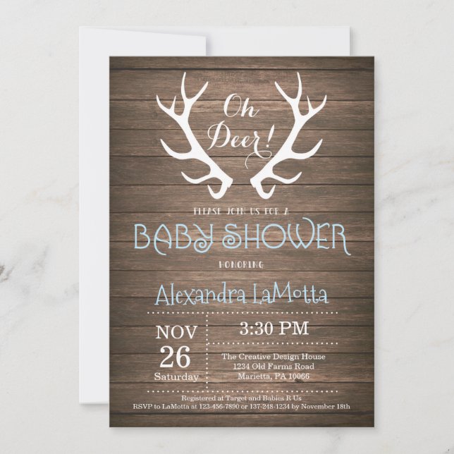 Rustic Deer Antler Baby shower Invitation Bleu (Devant)