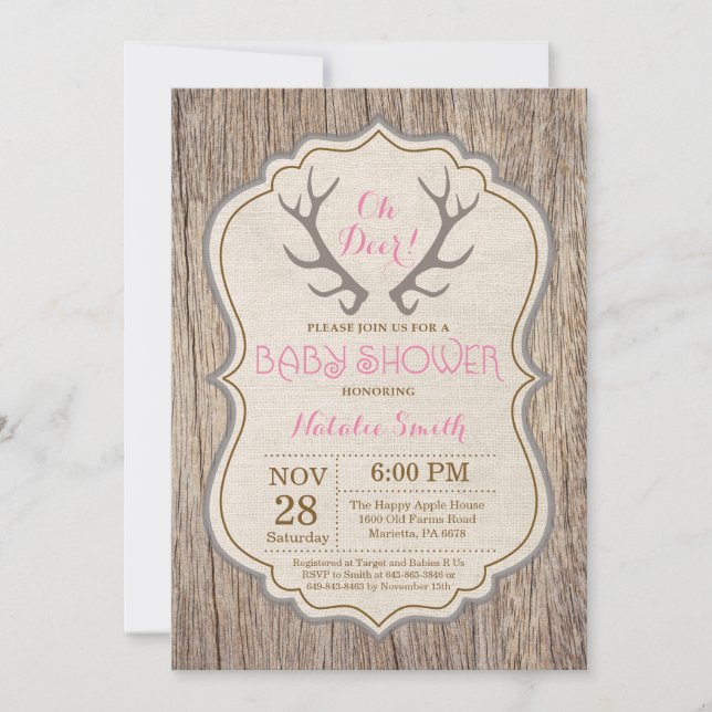 Rustic Deer Antler Oh Deer Girl Baby Dusche Einladung (Vorderseite)