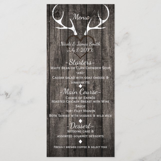 Rustic Deer Antlers & Carved Heart Menu Mariage (Devant)