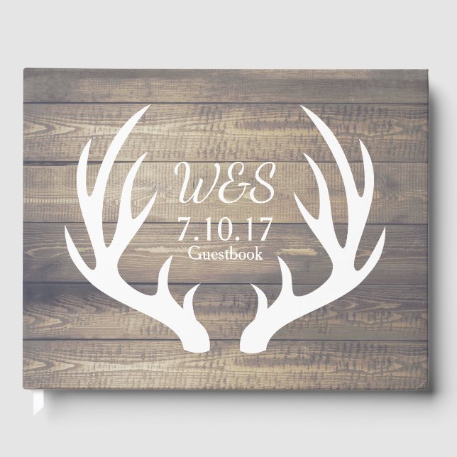 Rustic Deer Antlers Country Farmhouse Wood Wedding Gästebuch (Vorderseite)