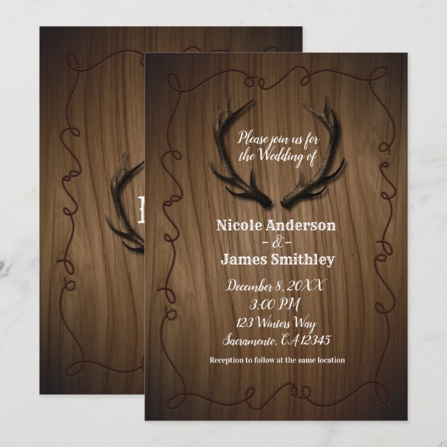 Rustic Deer Antlers Country Wood Stall Hochzeit Einladung (Vorne/Hinten)
