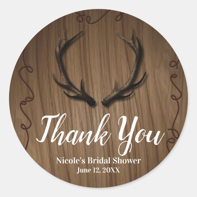 Rustic Deer Antlers Country Wood Stall Hochzeit Runder Aufkleber (Vorderseite)