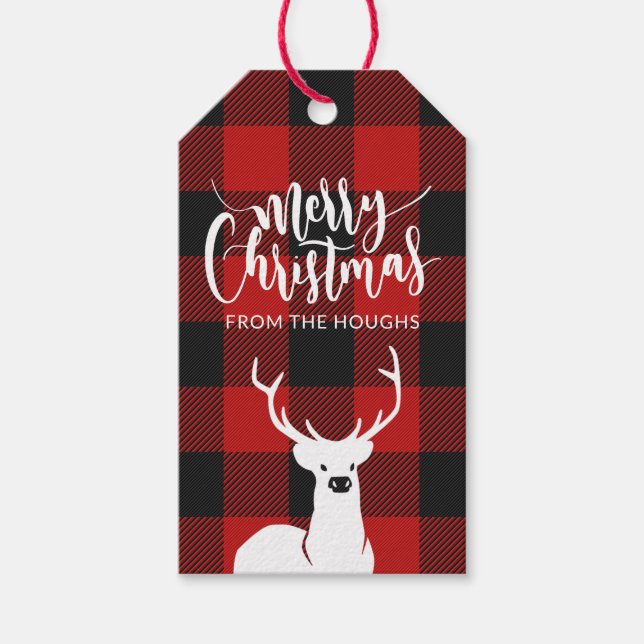 Rustic Deer Buffalo Kariertes Skript Frohe Weihnac Geschenkanhänger (Vorderseite)