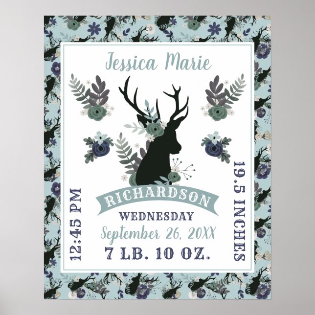 Rustic Deer Head Blue Baby Girl Birth Record Stats Poster (Vorne)