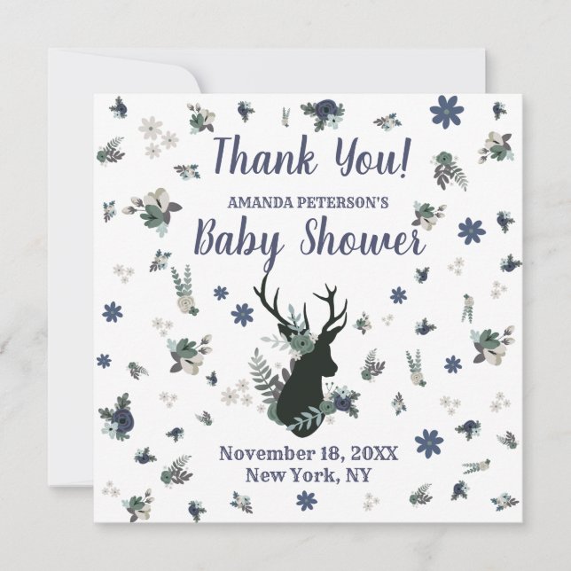 Rustic Deer Head Blue Floral Baby Dusche Vielen Da Dankeskarte (Vorderseite)