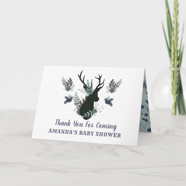 Rustic Deer Head Blue Floral Baby Dusche Vielen Da Dankeskarte (Vorderseite)