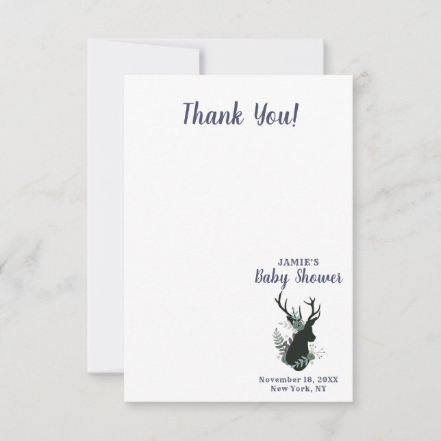 Rustic Deer Head Blue Floral Baby Girl Vielen Dank Dankeskarte (Vorderseite)