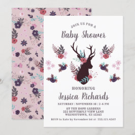 Rustic Deer Head Mauve Floral Girl Baby Dusche Einladung